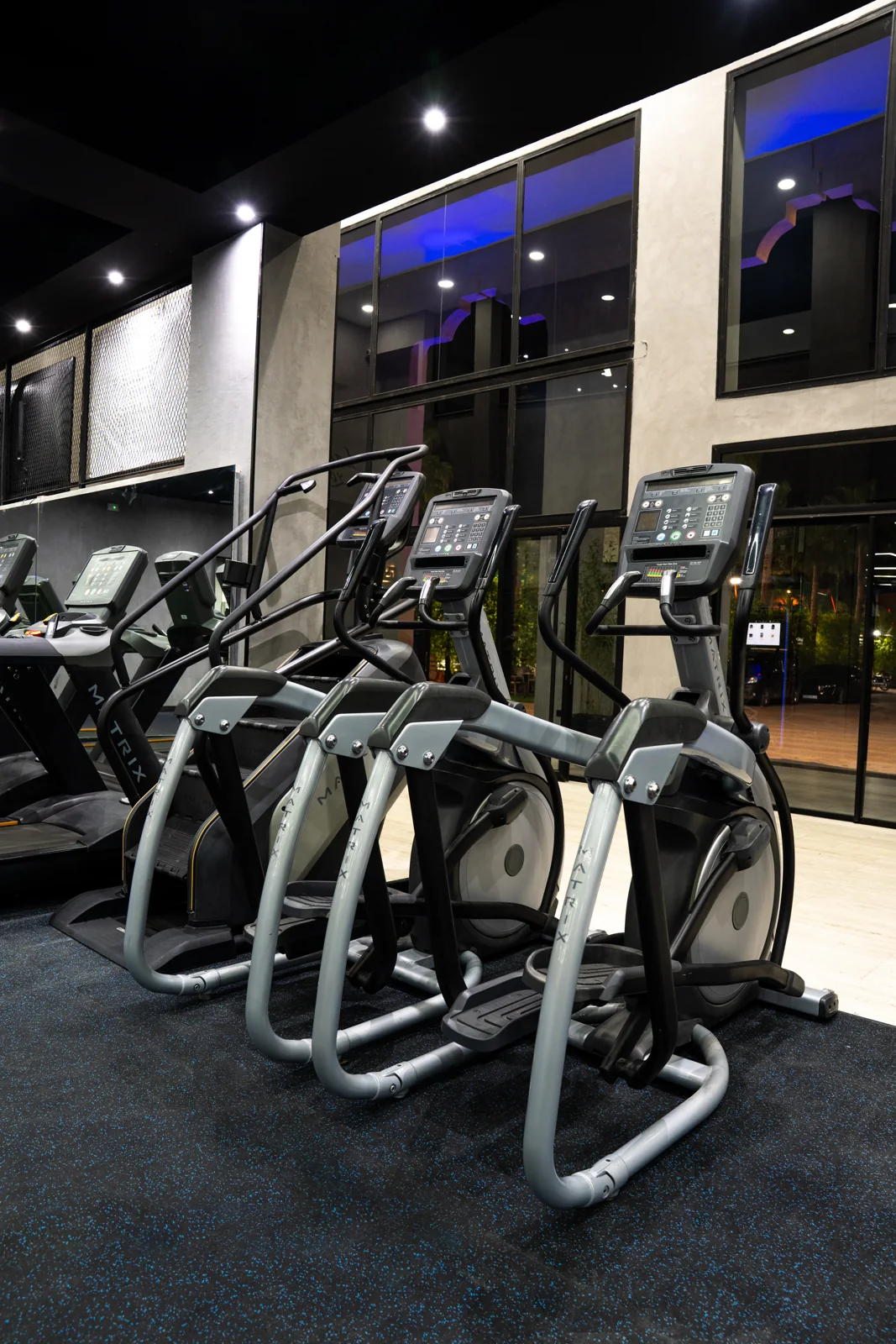 Elliptical machines beside the gym windows