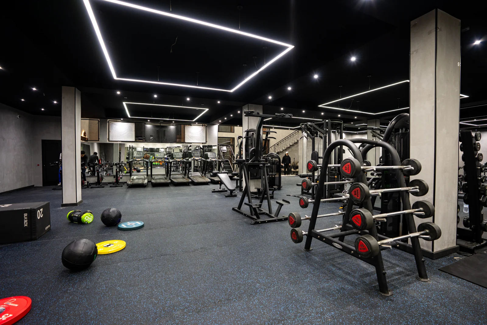 Open training space with weights and equipment